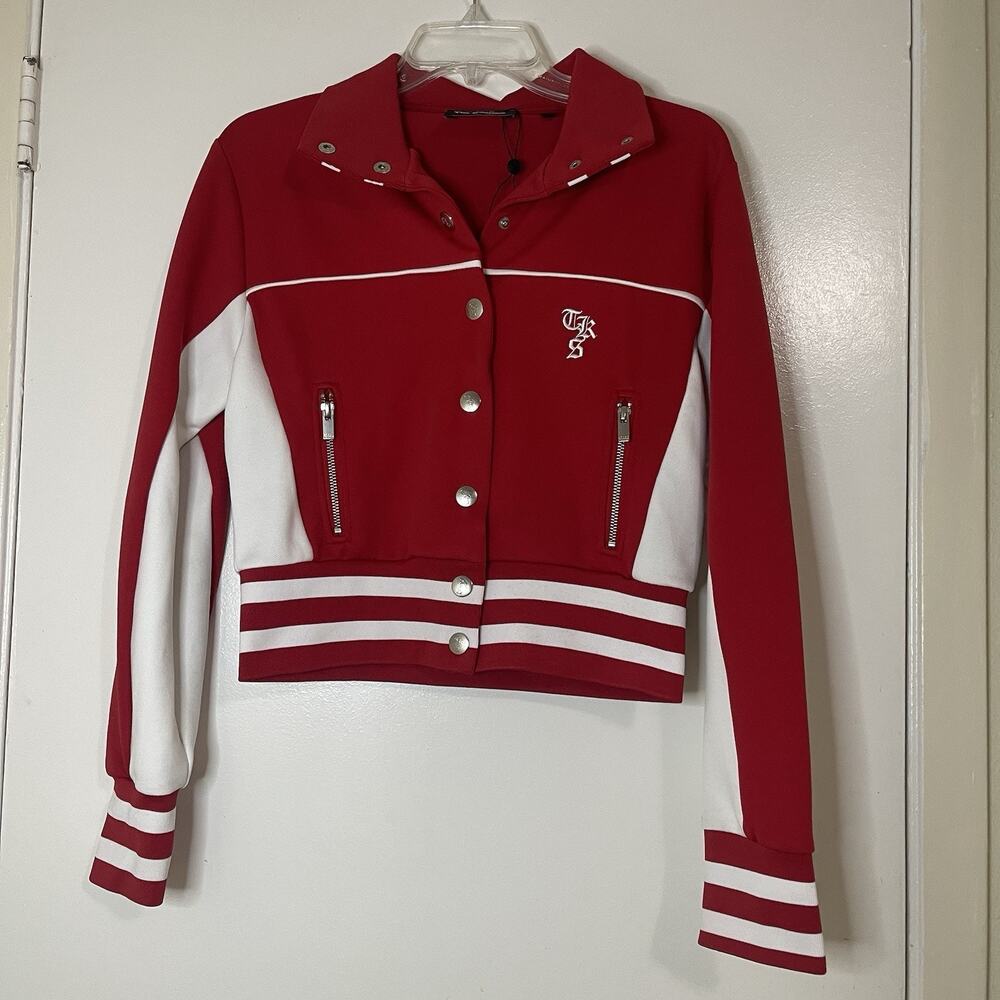 The Kooples Insignia red Track snap front varsity cropped jacket size XS